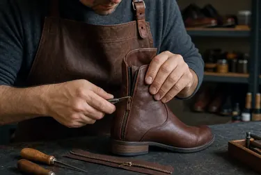 Sapateiro consertando o zíper de uma bota em Maricá.