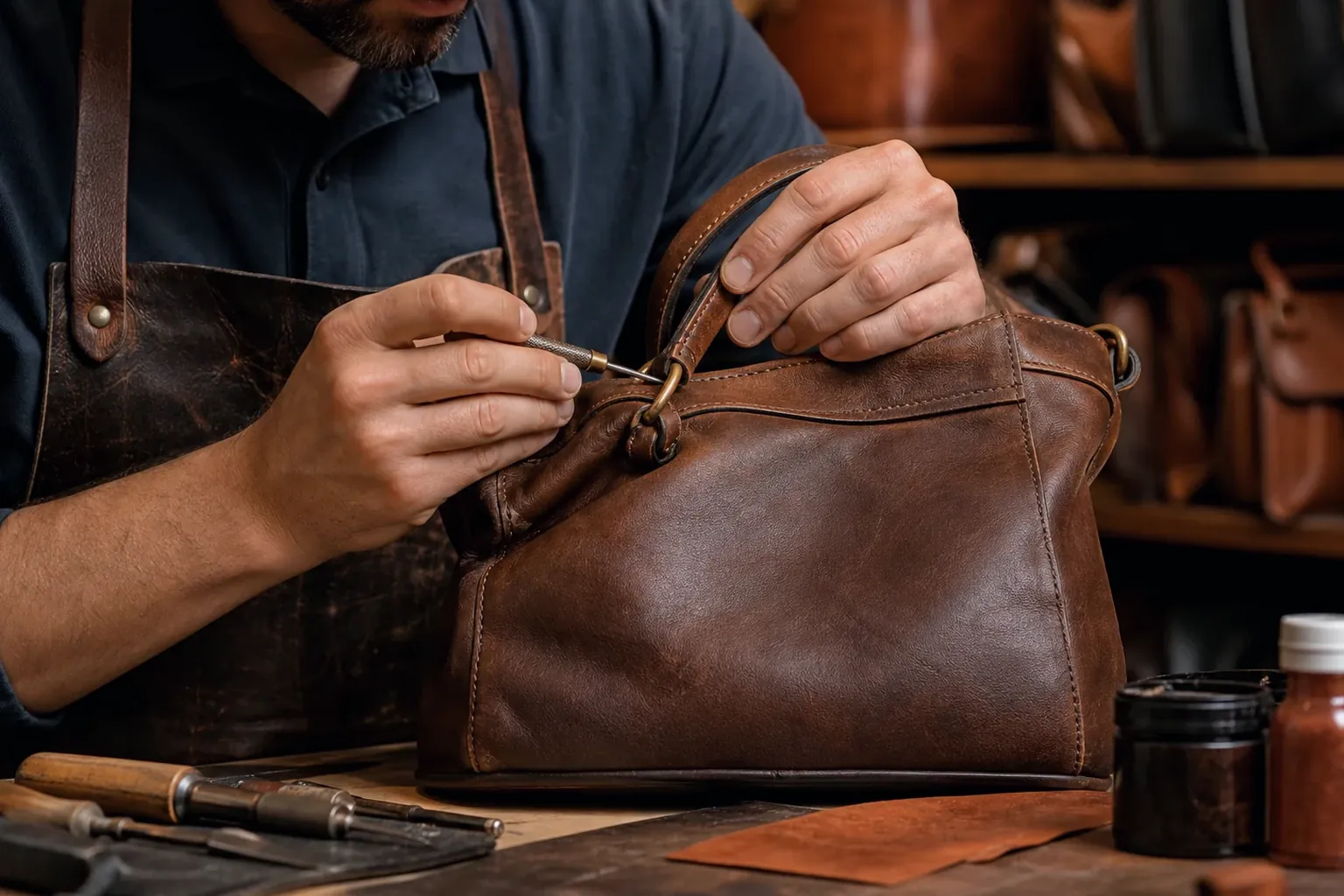 Sapateiro reformando uma bolsa de couro em Maricá.